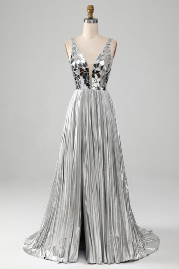 Sparkly Silver A-Line V-Neck Long Ball Dress with Slit